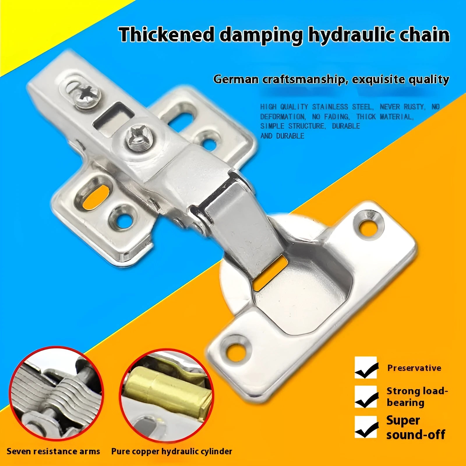 Nickel-plated hydraulic damping cabinet hinge showing the three bend types: straight, middle, and large.