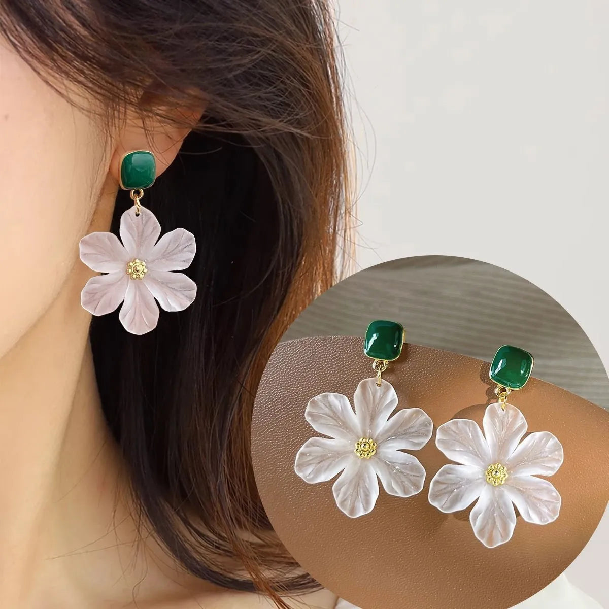 Dark green floral drop earrings with sterling silver accents and needle flowers design for women