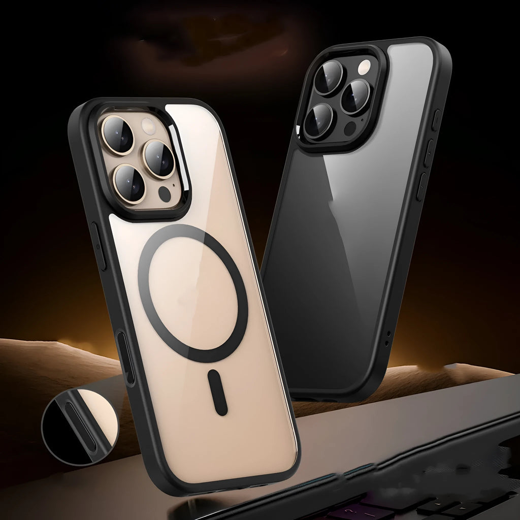 Black transparent magnetic protective case for iPhone 16 models with airbag technology.