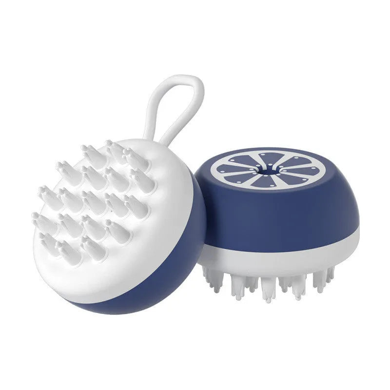 Yellow silicone pet bath brush with massage head and comb teeth for dog cat grooming during washing