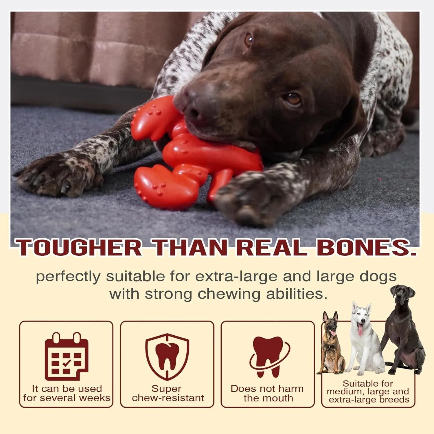Red hard material dog chew toy for large aggressive chewers measuring 170mm
