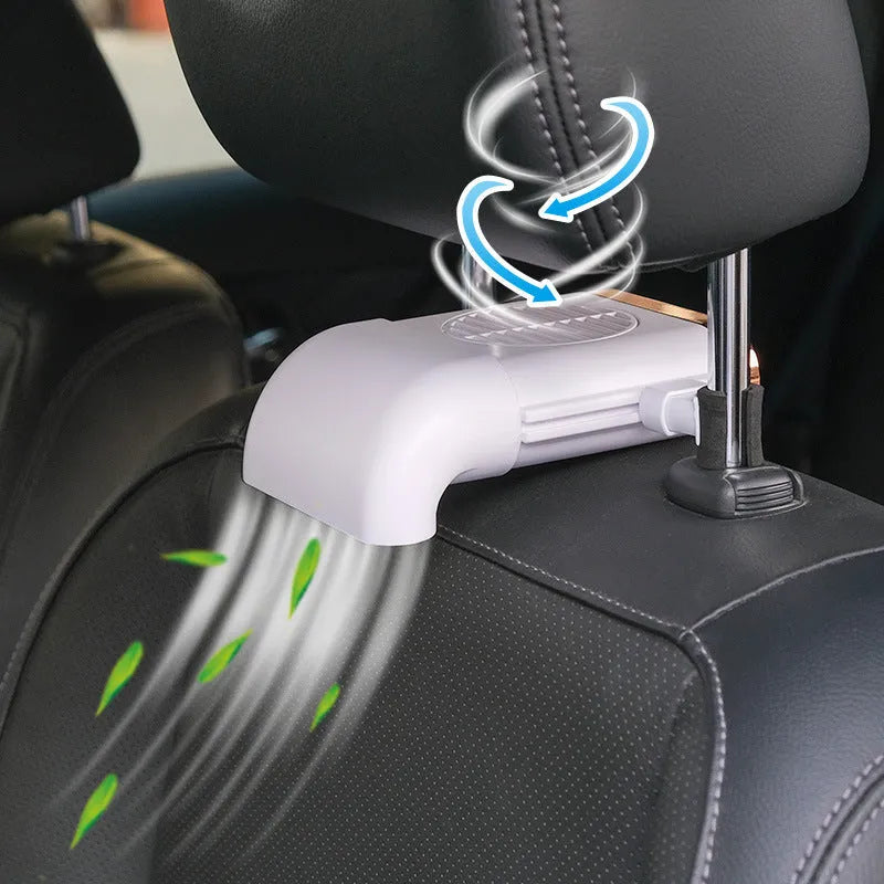 Black car seat cooling fan mounted on seat pillow rod with 3-speed adjustable USB and 50-inch cable