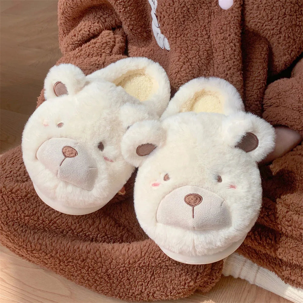 Women's cartoon cute plush slippers in khaki colour with suede upper and round toe.