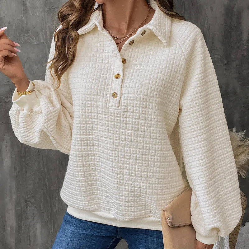 Women's milky white polo collar sweater with long sleeves and a solid colour texture.