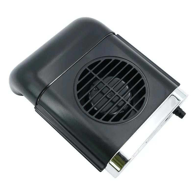 Black car seat cooling fan mounted on seat pillow rod with 3-speed adjustable USB and 50-inch cable