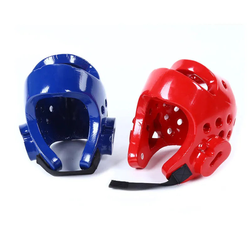 Karate Taekwondo protective gear set with blue leg guard, helmet and boxing gloves