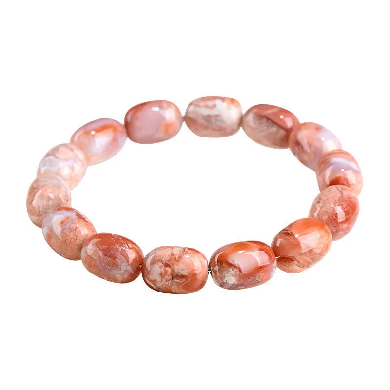 Natural cherry agate barrel bead bracelet with geometric beads and Ruyi charm