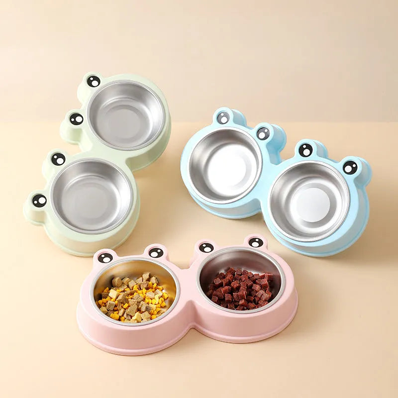 Stainless steel pet double bowl in frog shape for feeding and drinking water