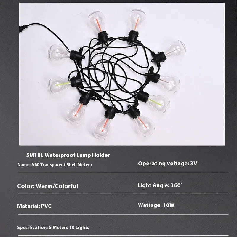 Outdoor decorative string lights with 10 A60 LED bulbs in waterproof construction for wedding and garden use