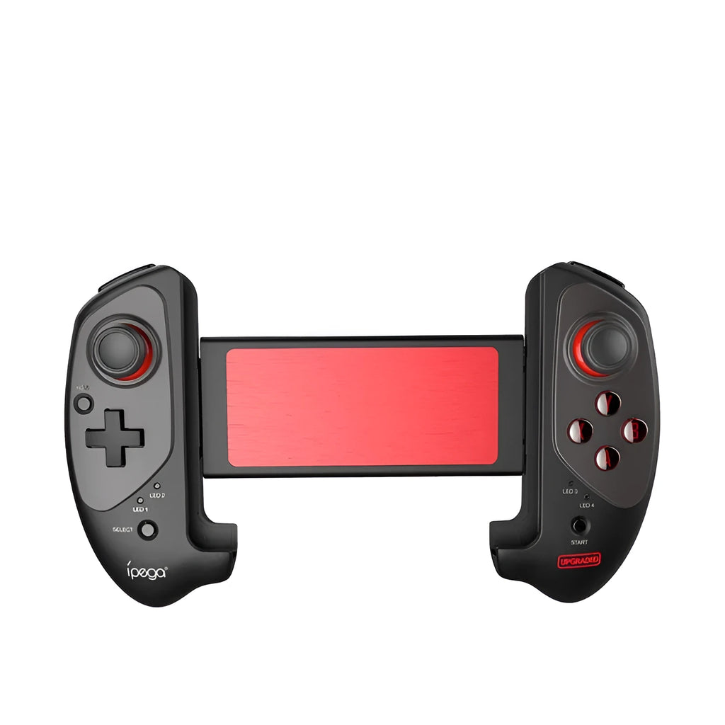 Red telescopic gamepad controller extended with smartphone, showing USB cable and Bluetooth connectivity