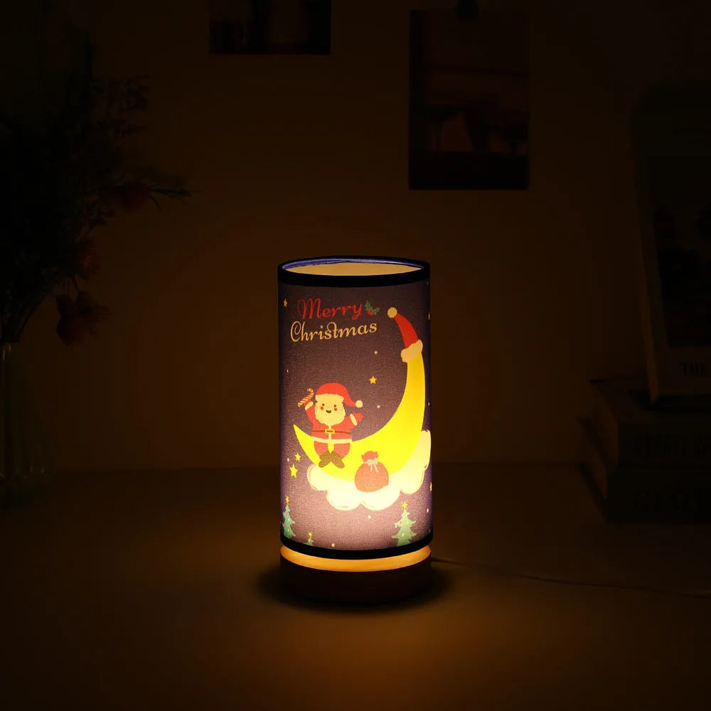 Moon Santa Claus figure LED night light with USB plug cable and bamboo lamp holder.