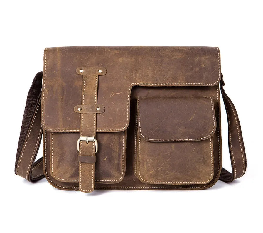 Genuine leather vintage messenger bag in brown with adjustable strap and flap closure