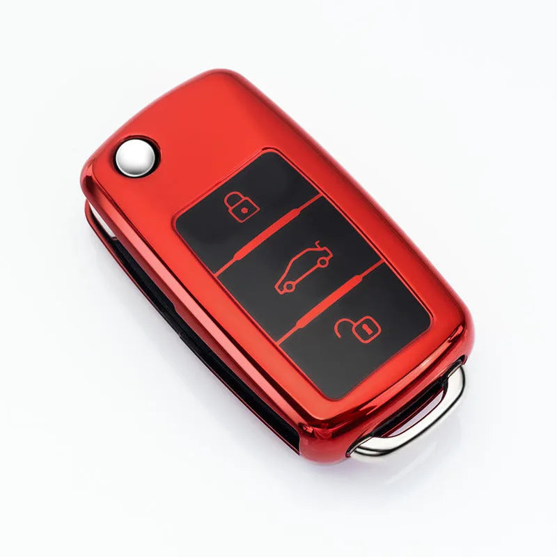 Volkswagen VW Model A folding three-button car key inside a TPU protective case with a buckle closure.