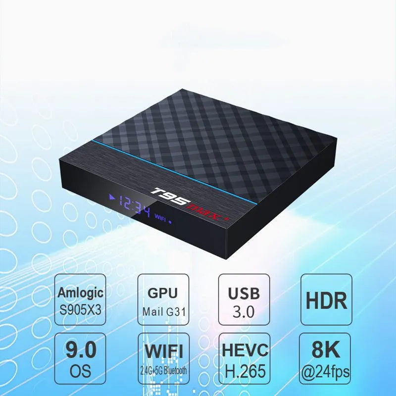 Black T95 Max Plus Android TV Box with remote, showing choice of EU, UK and US power plugs.