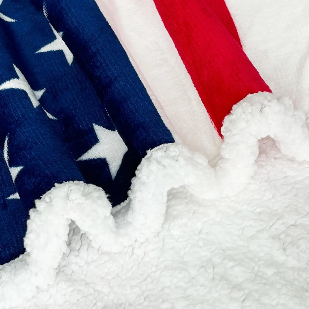 Striped polyester blanket in American style design showing three available size options