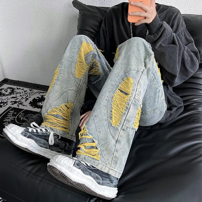 Green ripped jeans for men with raw embroidery, loose fit denim, available in sizes S to 3XL