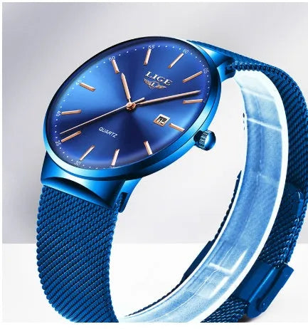 Men's stainless steel watch with 40mm case on adjustable strap in black, blue, or two-tone colour