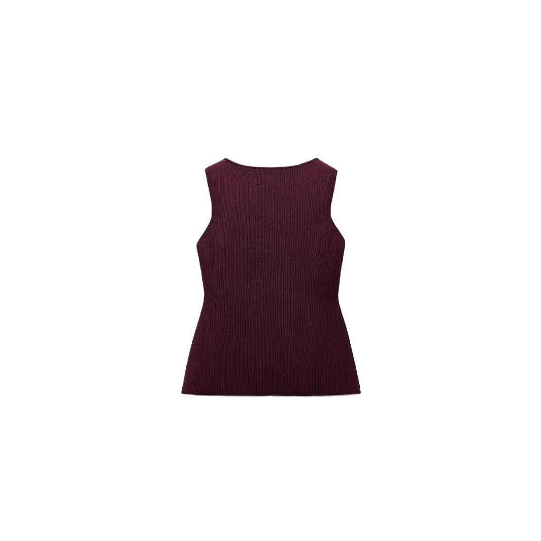 Dark red slim fit sweater vest with gold buttons and 3D textured pattern