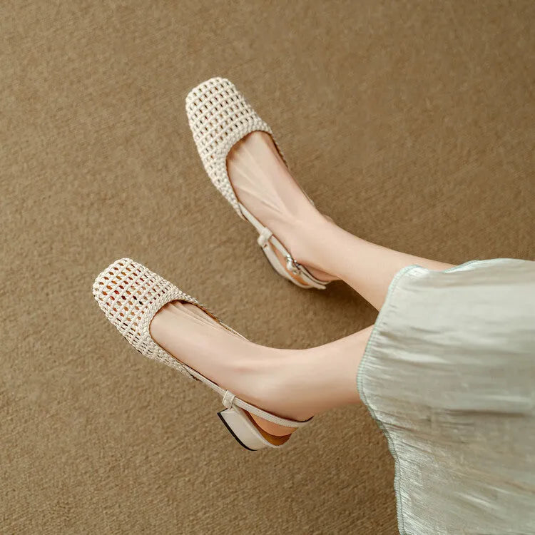 Women's beige woven sandals with closed square toe, chunky heel, and buckle strap on a white background.