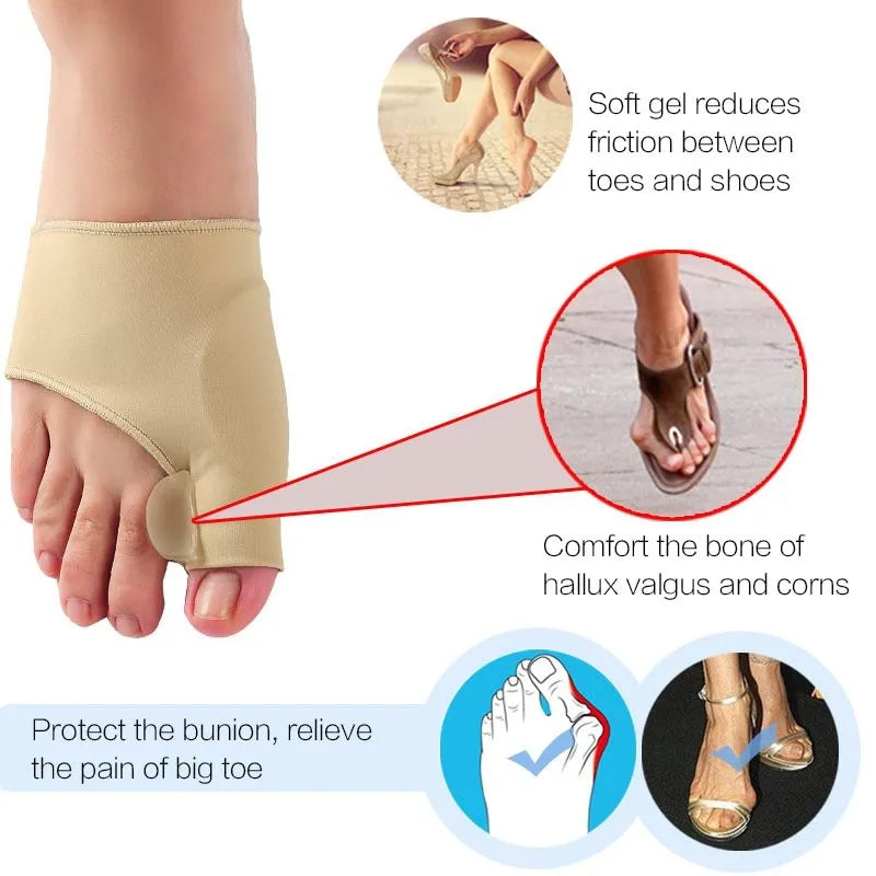 Corrective bunion relief sock with silicone gel pad and toe spacer on a foot, showing stretch fabric.