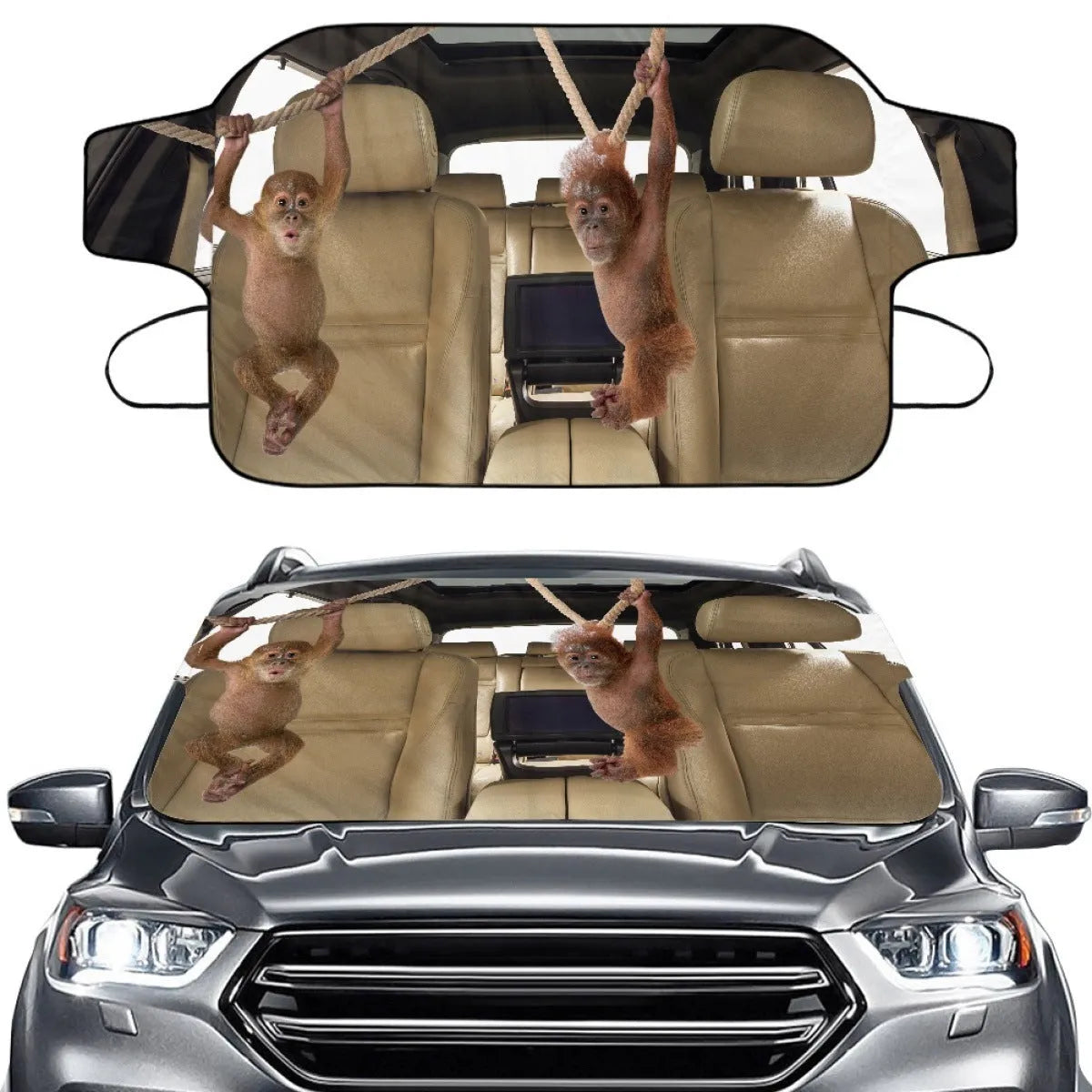 Car front snow protection cover made from silver aluminum foam fabric with black lanyard ties.