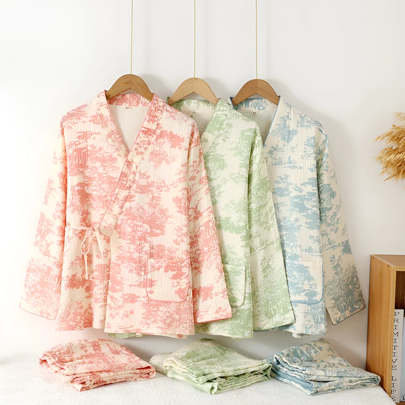 Ladies' pure cotton gauze trouser suit with lace-up detailing in blue frosted pine trees colour