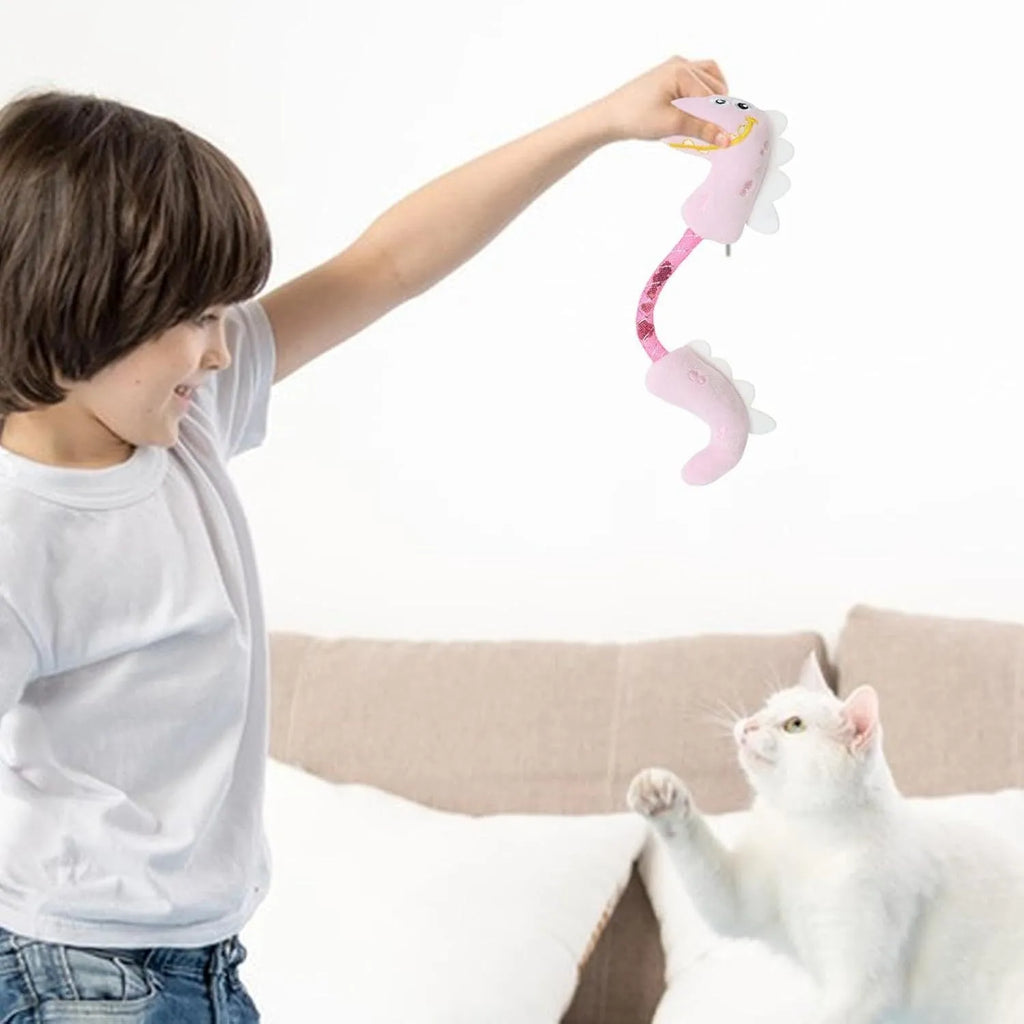 Four plush cat toys including catnip chew toy, squeaky mouse, textured fish, and bunny for indoor play