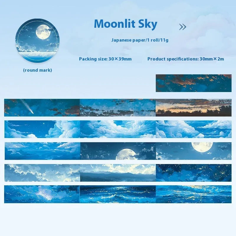 Roll of Japanese paper decorative tape with sky theme patterns including clouds, sun, moon, and nebula.