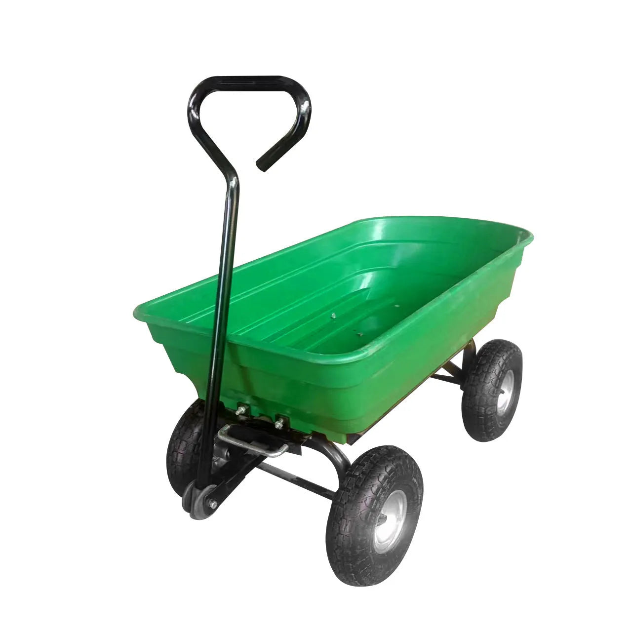Green four-wheel dumptruck with tipping bed, model TC2145, for garden and farm material transport.