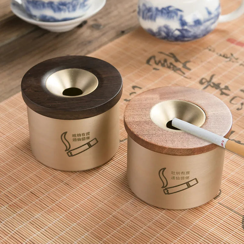 Brass retro ashtray with wooden lid featuring centre hole, made from solid copper for living room use