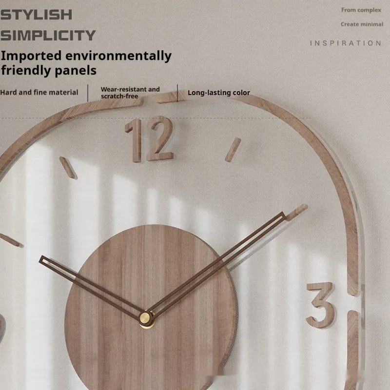 Transparent wooden wall clock with modern square design measuring 35cm
