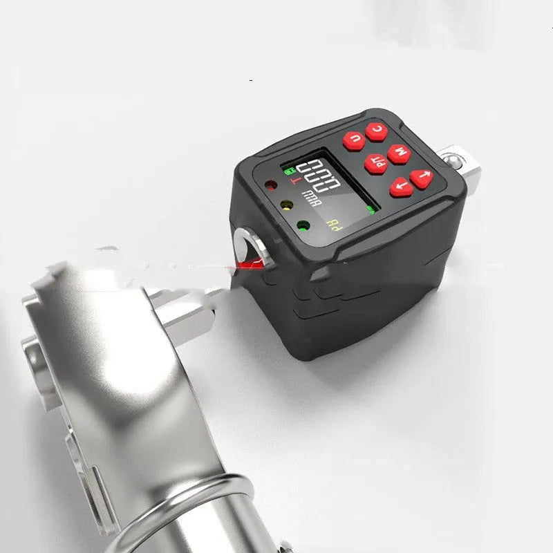 Digital torque meter with display screen, 1/2 inch square drive, and metal extension bar.