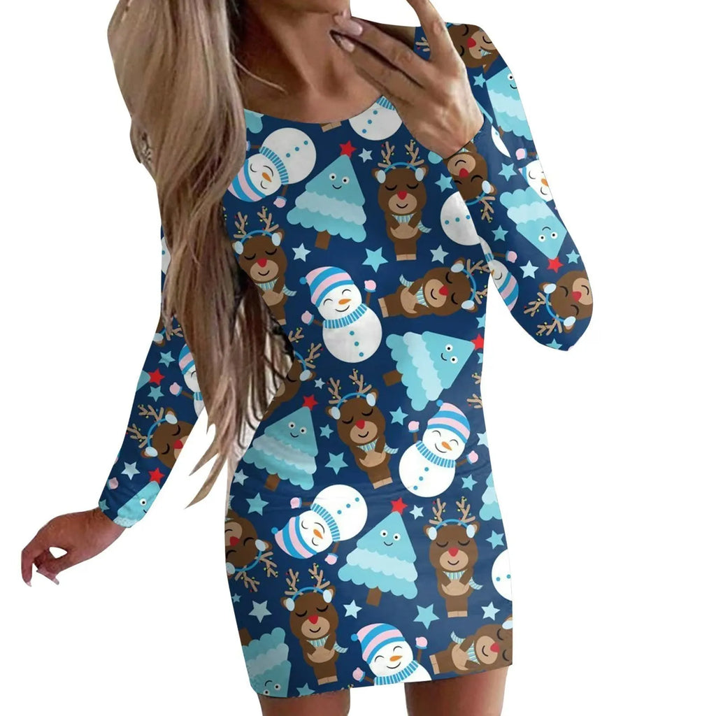 Women's Christmas dress with animal print pattern and mid-waist hip skirt design in polyester fabric