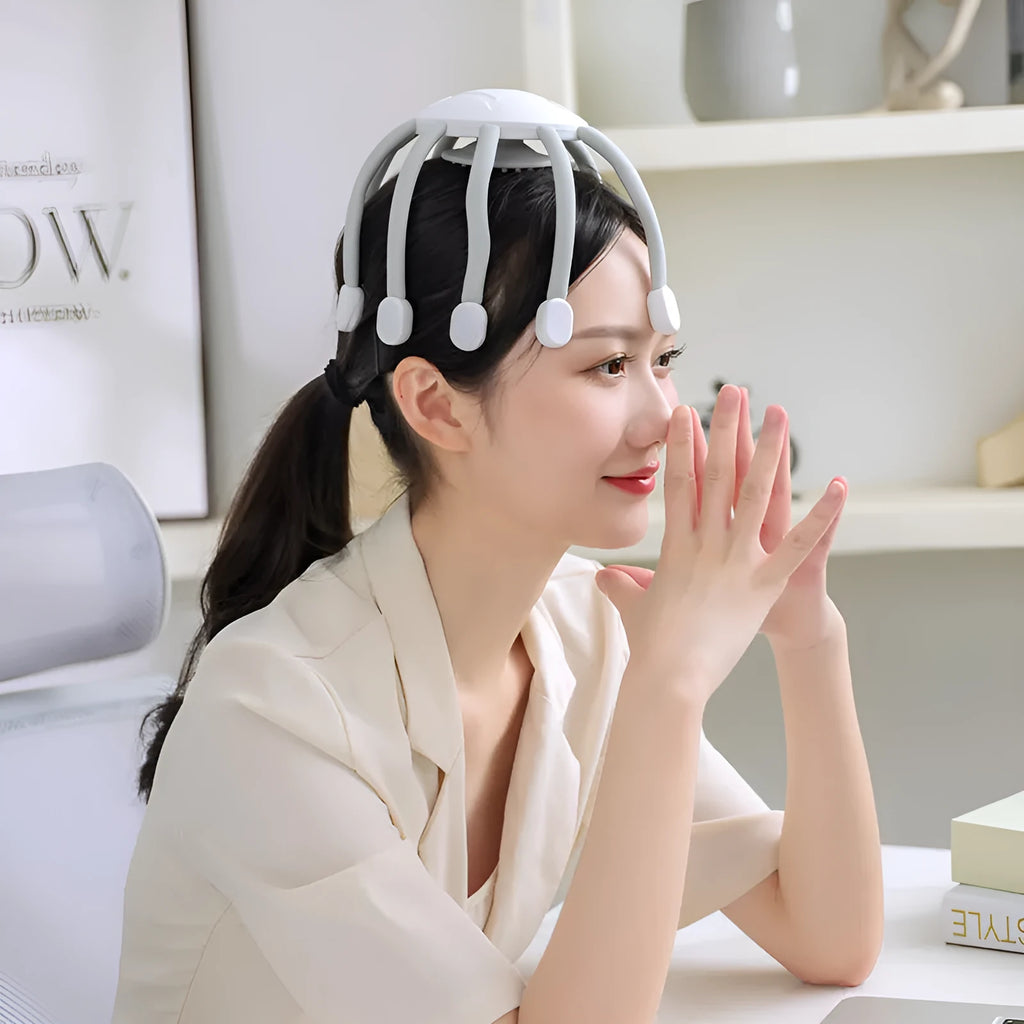 USB-powered head massager with multiple massage claws for scalp tension relief