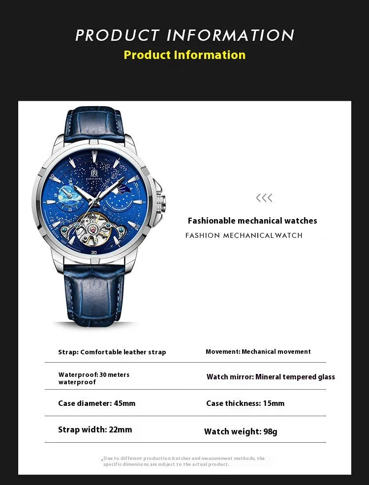 Men's blue dial automatic mechanical watch with steel case and bracelet