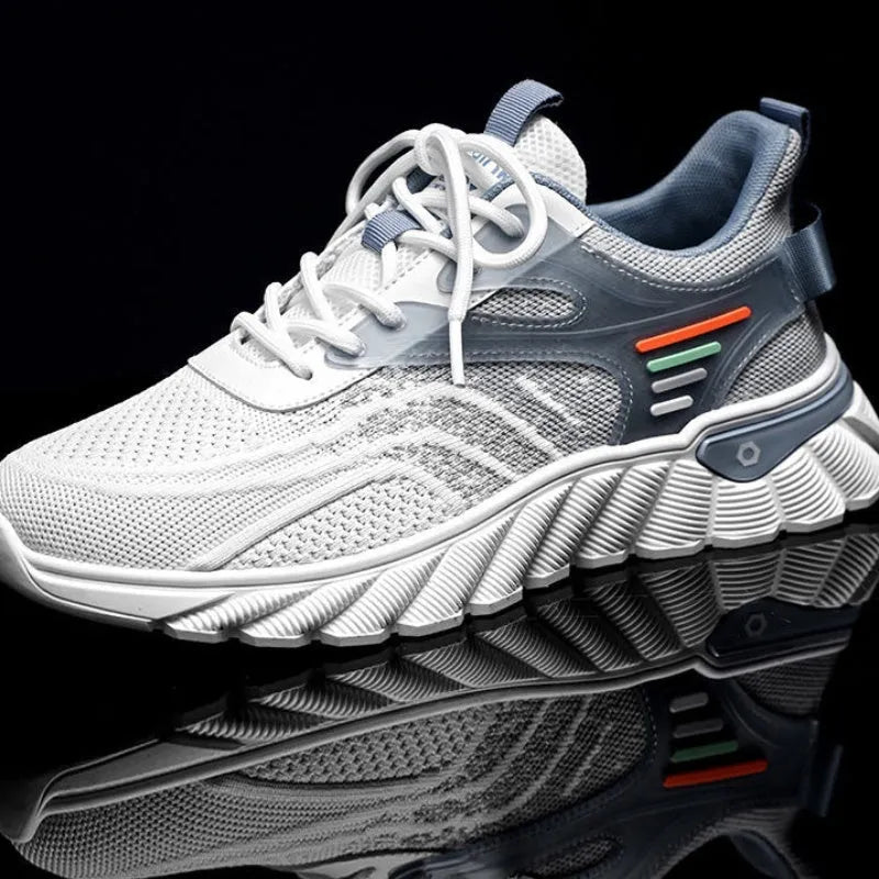 Men's white blue and black platform casual sports running shoes with mesh upper and cross straps.