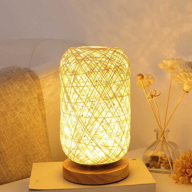 Sepak Takraw hemp rope desk lamp with solid wood base and USB-powered LED light