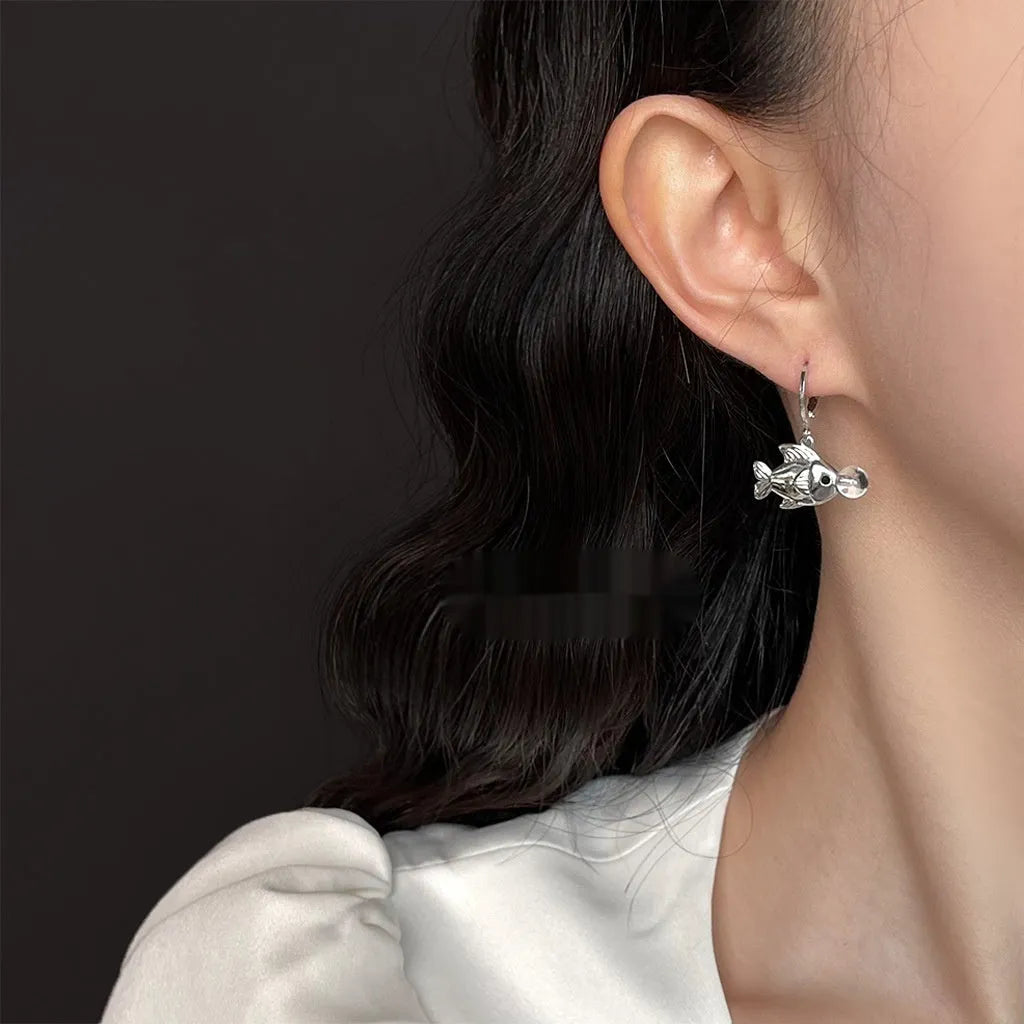 Fish earrings with bubble fish design and goldfish elements in electroplated copper