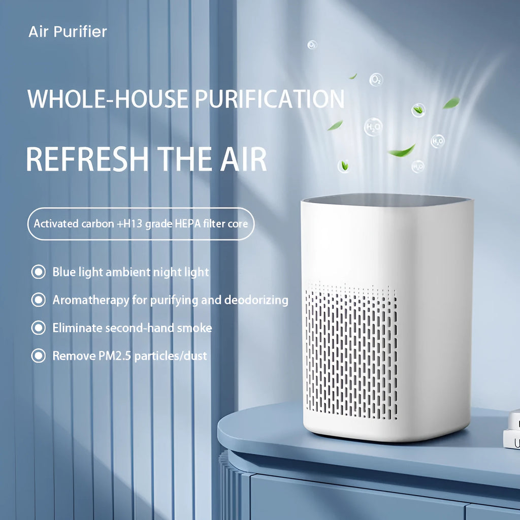 Simple style desktop air purifier with USB cable connection for office or home use.