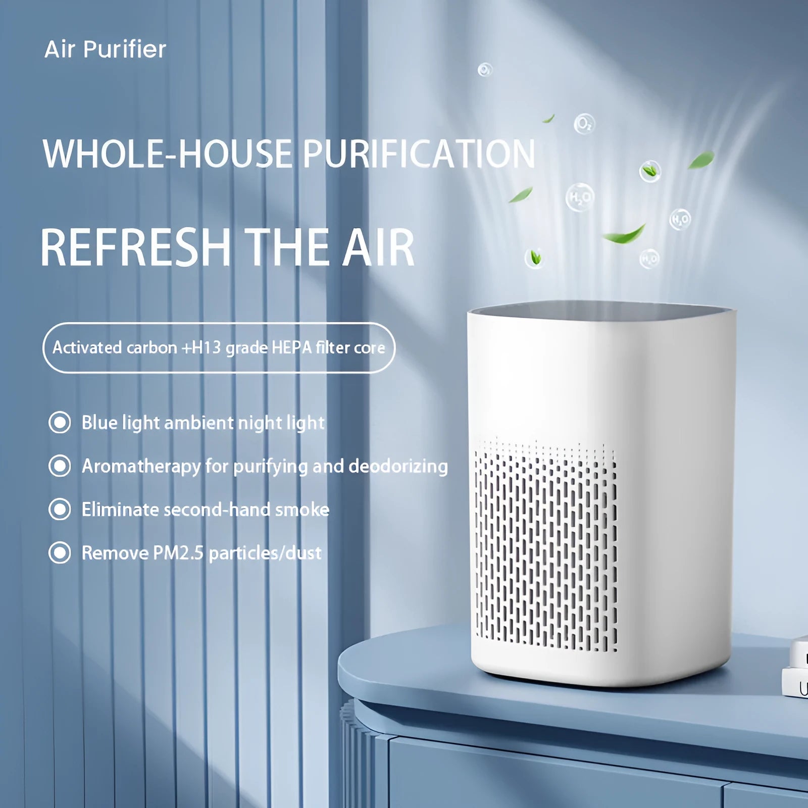 Simple style desktop air purifier with USB cable connection for office or home use.