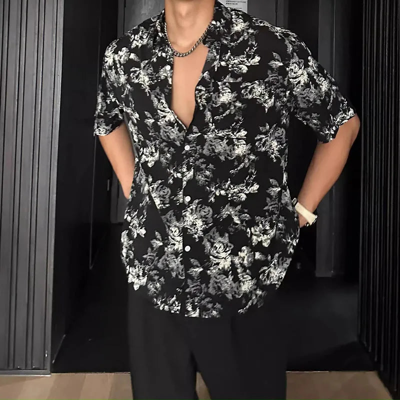 Women's loose casual short sleeve printed shirt with floral pattern in black or white colours