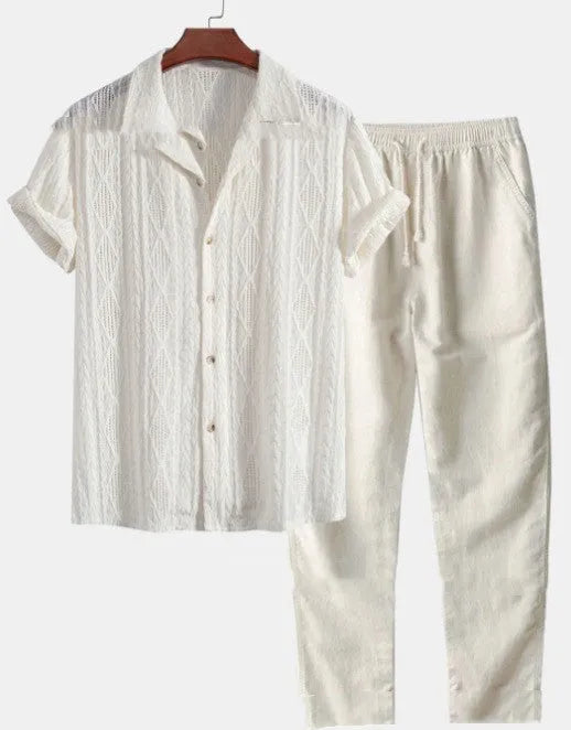 Men's loose-fitting summer suit with short sleeve shirt and trousers in polyester milk silk fabric