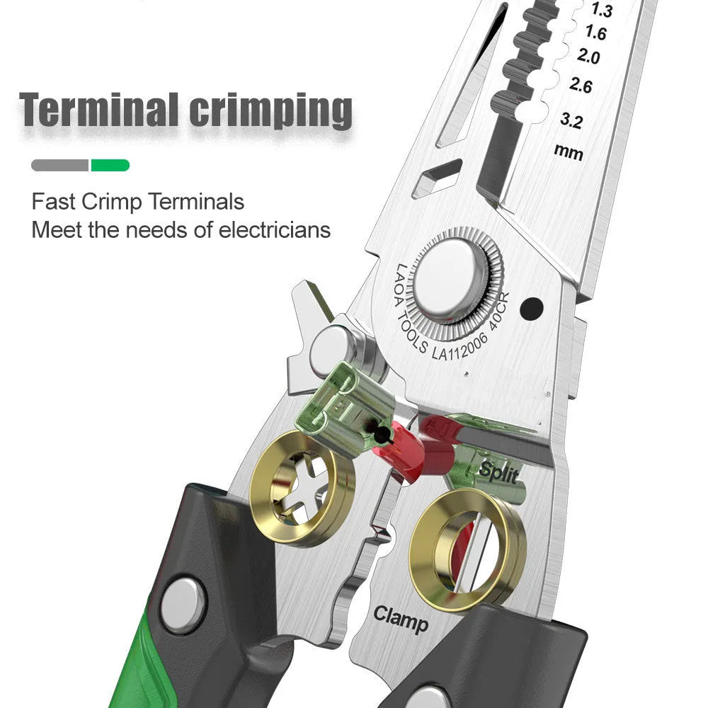 7-in-1 stainless steel wire stripper tool with two-colour ABS handle and seven labelled stripping apertures.
