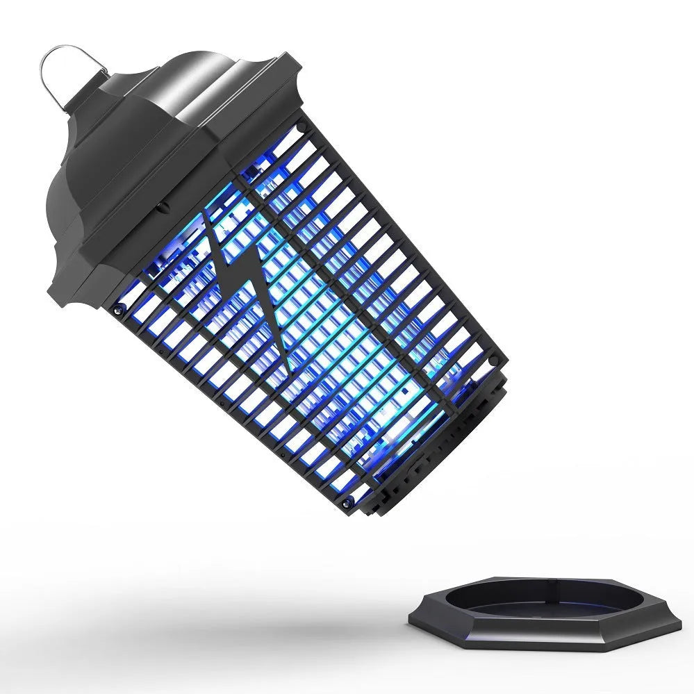 Black outdoor mosquito catcher lamp with UV light and electric grid for garden use