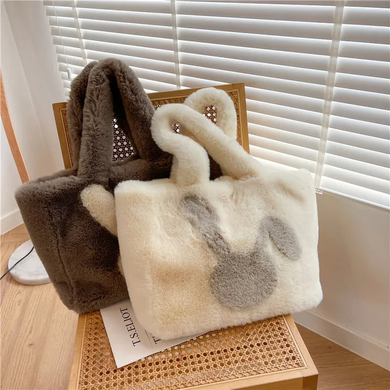 Plush rabbit ears shoulder tote bag in solid colour with cartoon design