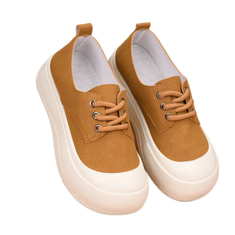 Women's beige suede platform loafers with lace-up front and round toe on a flat 4CM rubber sole.