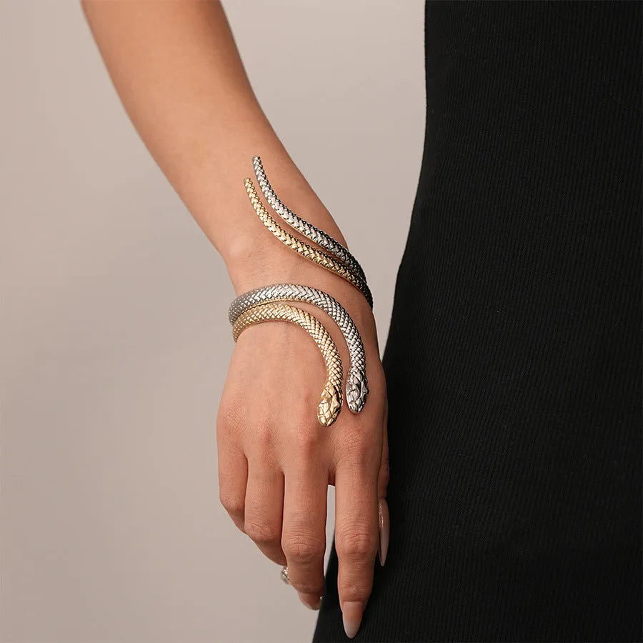 Snake-inspired ring and bracelet set with exaggerated twisted winding design in gold electroplated metal