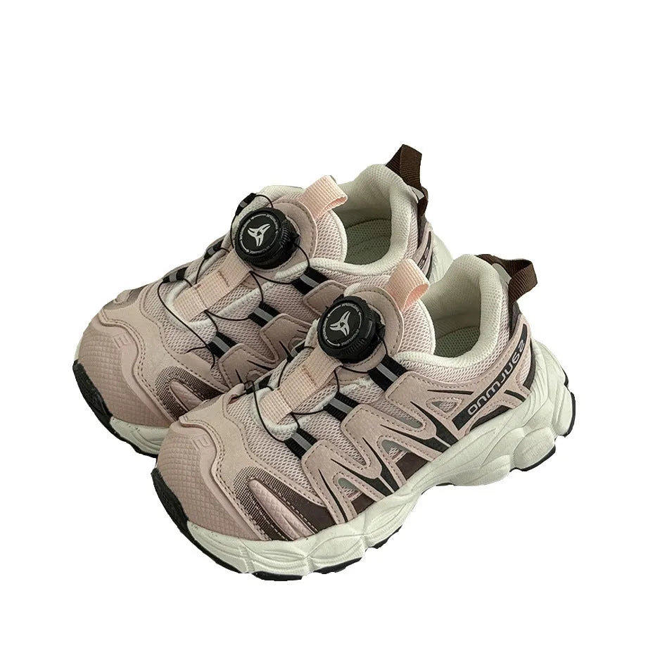Girls' lightweight casual flats in black, beige, or pink with a breathable mesh upper.