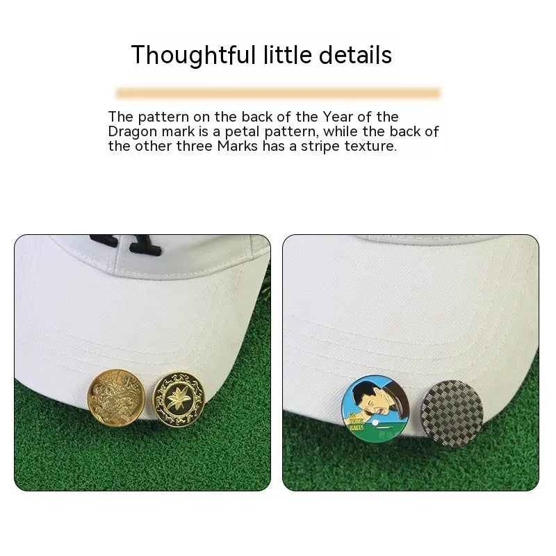 Zinc alloy golf hat clip showing engraved Dragon Year and other personalised pattern designs.