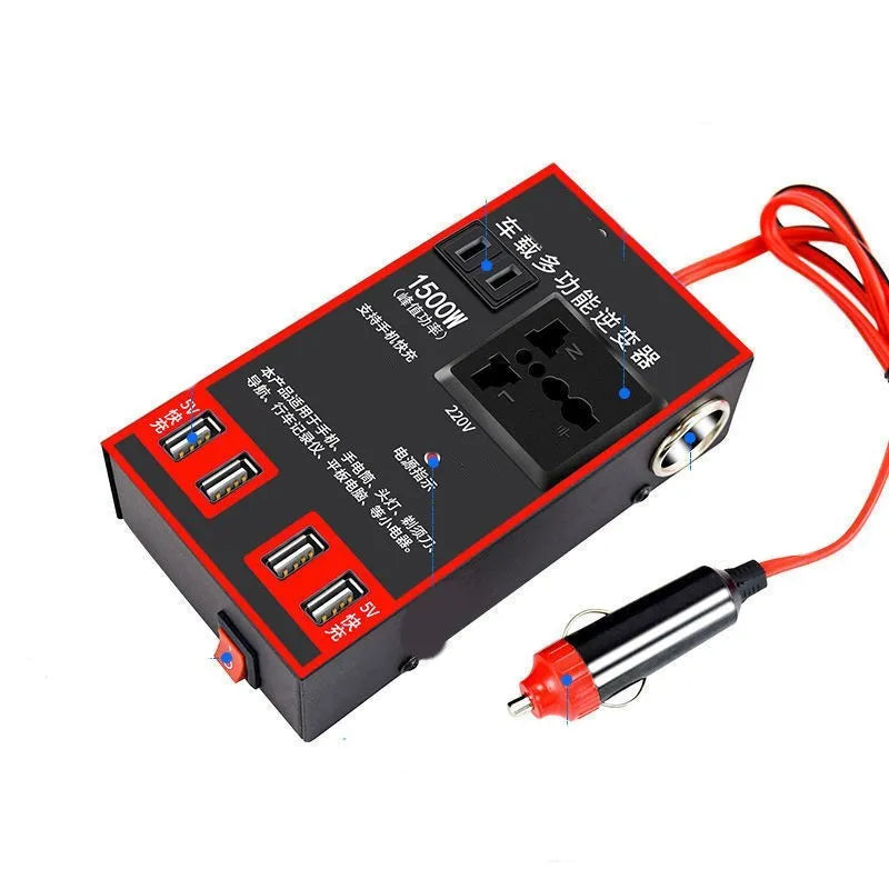 Black automotive power converter transforming 12V 24V vehicle power to 220V AC with USB charging ports